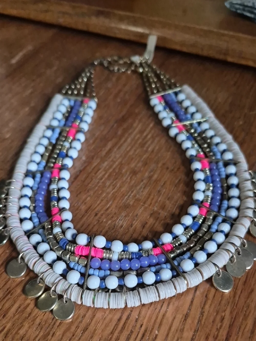 Multi-Strand Beaded Necklace in Blue, White & Pink with Gold Accents